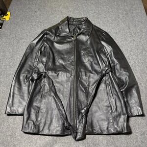 VTG 90s 100% Leather Womens XL Coat Full Zip Belted Indie Biker Preppy